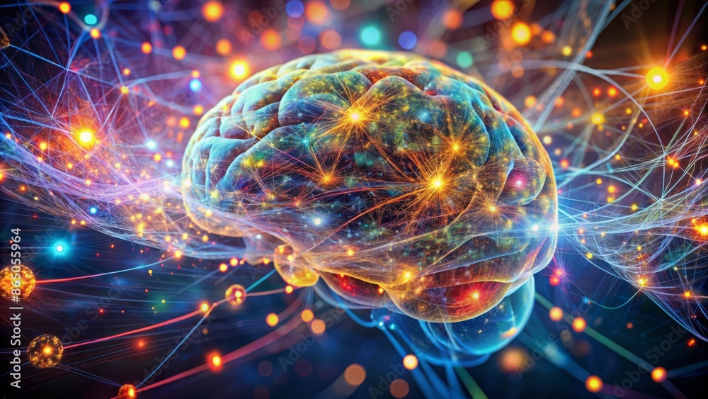 Vibrant 3D visualization of neural connections and brain activity depicted as swirling clouds of light and color in dark background. Vibrant 3D visualization of neural connections and brain activity depicted as swirling clouds of light and color in dark background.