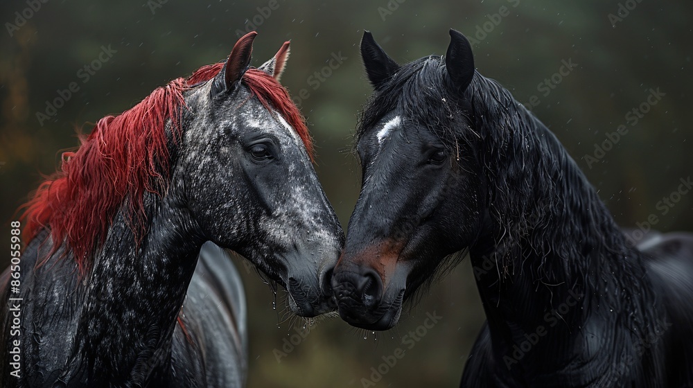 Two horses nuzzling each other outdoors. Two horses nuzzling each other outdoors.