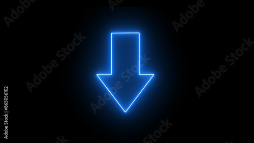 Neon Blue arrow symbol icon. Black Background with arrow direction down. Directional sign. Flashing neon icon to the download arrow. neon arrow sign. photo