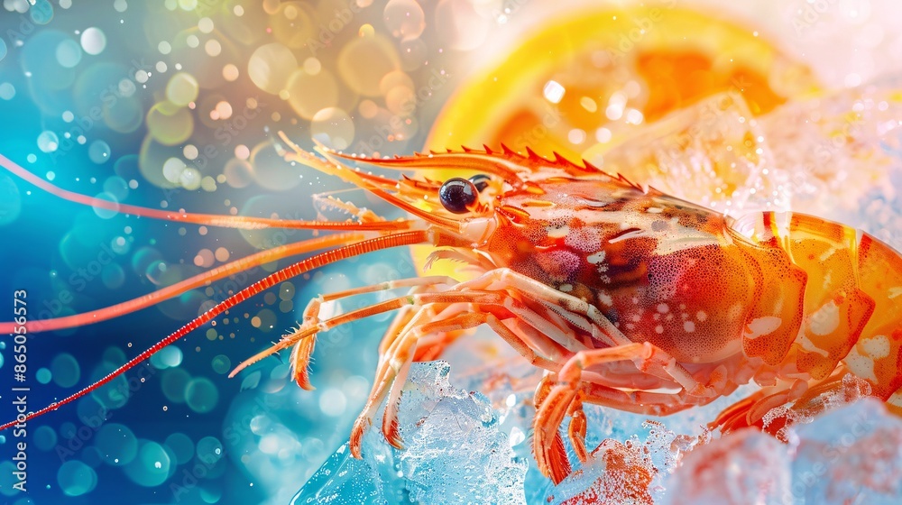 Exquisite Close-Up of Fresh Shrimp on Ice with Vibrant Citrus Background Exquisite Close-Up of Fresh Shrimp on Ice with Vibrant Citrus Background