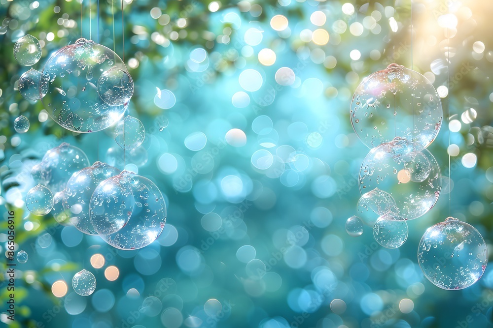 Bright Summer Bokeh with Hanging Clear Bubbles Against a Green and Blue Nature Background Bright Summer Bokeh with Hanging Clear Bubbles Against a Green and Blue Nature Background