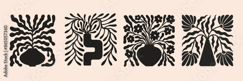 Abstract vector poster with groovy floral patterns. Matisse-inspired shapes, and organic doodles. Flower in contemporary potters.