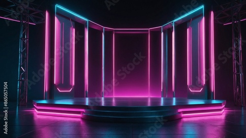 A neon stage with a purple backdrop and a black floor