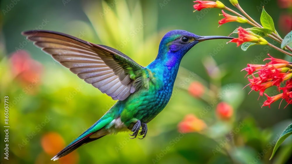 Obraz premium Vibrant Mexican violetear hummingbird hovers, sipping nectar from a delicate rainforest flower, surrounded by lush, emerald green foliage backdrop.