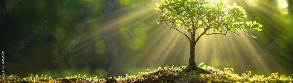 Fototapeta premium A small tree bathed in sunlight, with rays cutting through a forest background, symbolizing growth, hope, and nature's beauty in the morning.