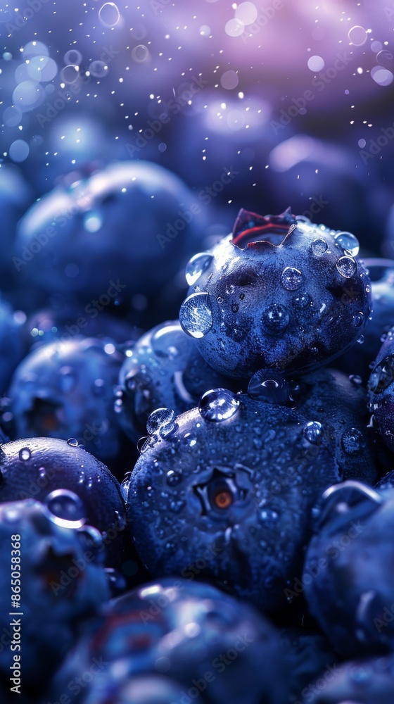 Close-up of a heap of fresh and juicy blueberries, adorned with garland juice and illuminated by natural light, showcasing their rich details in high-resolution photography Close-up of a heap of fresh and juicy blueberries, adorned with garland juice and illuminated by natural light, showcasing their rich details in high-resolution photography
