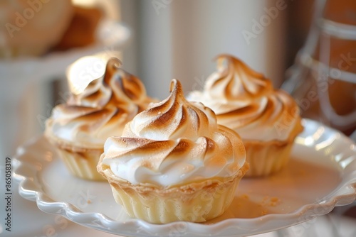 A white plate displaying cupcakes covered in frosting, A trio of mini lemon meringue pies with a golden toasted top photo