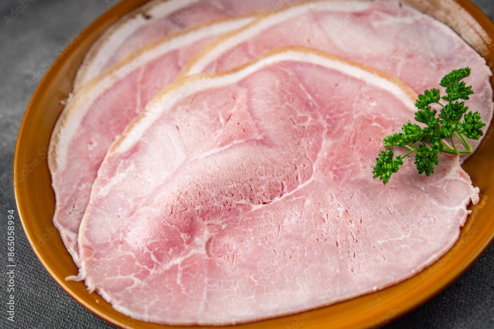 ham slice pork meat natural food fresh appetizer meal food snack on the table copy space food background rustic top view ham slice pork meat natural food fresh appetizer meal food snack on the table copy space food background rustic top view