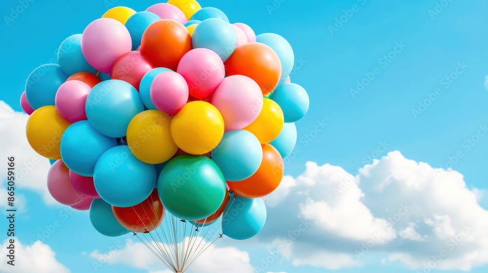 Vibrant colorful balloons floating against a bright blue sky with fluffy white clouds, perfect for celebrations and festive events. Vibrant colorful balloons floating against a bright blue sky with fluffy white clouds, perfect for celebrations and festive events.