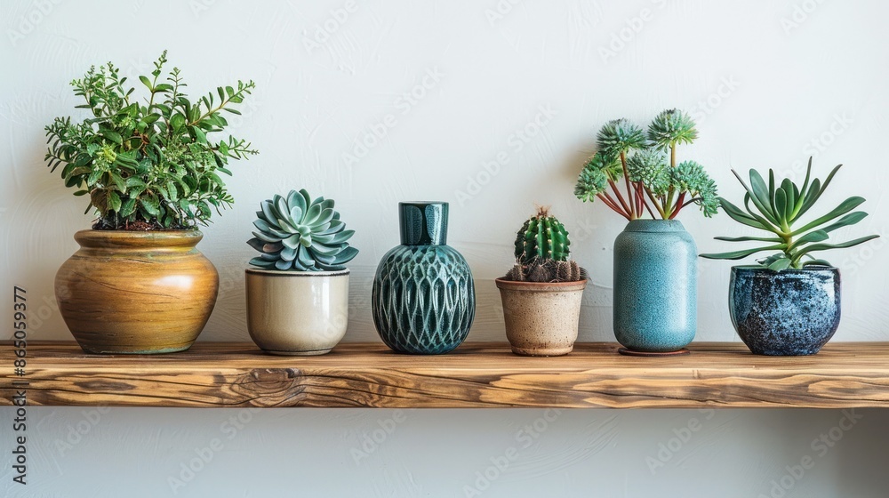 Assortment of Plants in Stylish Pots on a Rustic Shelf Assortment of Plants in Stylish Pots on a Rustic Shelf