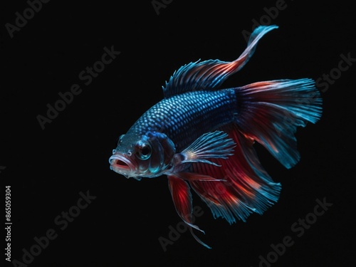 Minimalist depiction of an aggressive betta fish on a pitch black background. © yendi