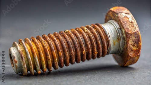 Rusted worn-out corroded metal screw isolated on a gray background with rusty threads and damaged head in close-up view.