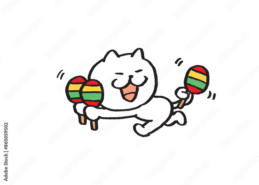 Obraz premium かわいい白猫キャラの楽器演奏