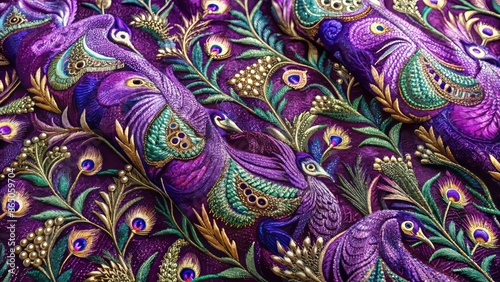 Intricate, lavish violet and purple woolen fabric featuring peacock-inspired patterns and textures, perfect for luxurious abstract backgrounds.