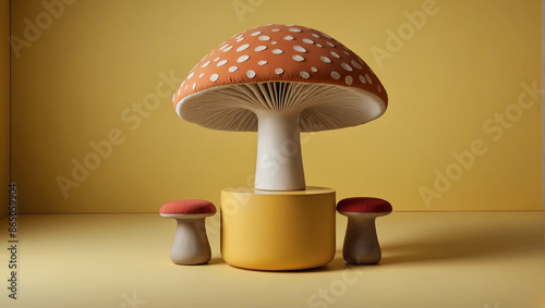 A orange mushroom inspired  table and a small red mushroom inspired  chair on yellow background. photo