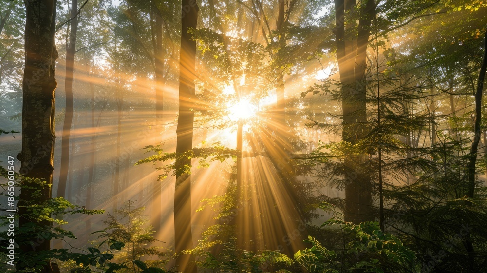 Fototapeta premium Radiant sunburst through dense, misty forest canopy at sunrise