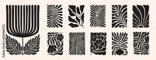 Modern vector poster with retro 70s vibes, showcasing a groovy floral pattern. Matisse-style leaf shapes and organic doodles create a vibrant and dynamic design
