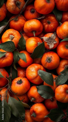 Overhead view of a pile of fresh and juicy persimmons, decorated with garland juice, photographed in natural light with high contrast and clear focus