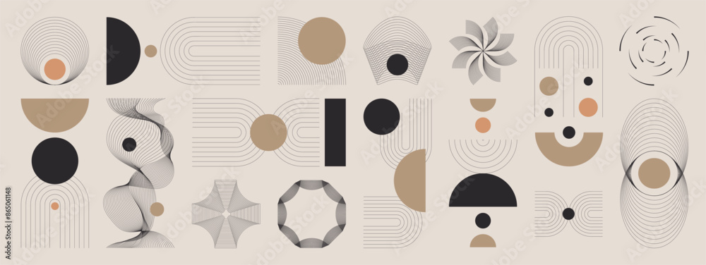 Fototapeta premium Hand drawn abstract minimal element mid century vector set. Aesthetic contemporary stripe line art, geometric shape in monochrome. Art form design for wall art, decoration, wallpaper.