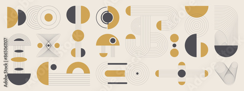 Hand drawn abstract minimal element mid century vector set. Aesthetic contemporary stripe line art, geometric shape in monochrome. Art form design for wall art, decoration, wallpaper.