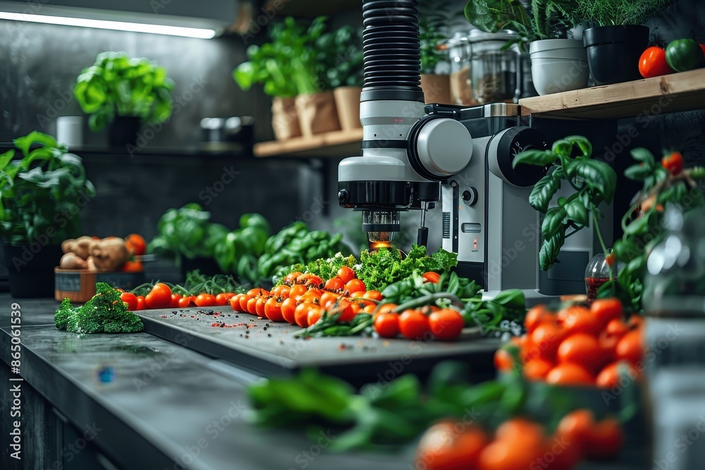 A robotic chef in a modern kitchen, preparing a gourmet meal with precision and efficiency, surrounded by fresh ingredients. A robotic chef in a modern kitchen, preparing a gourmet meal with precision and efficiency, surrounded by fresh ingredients.