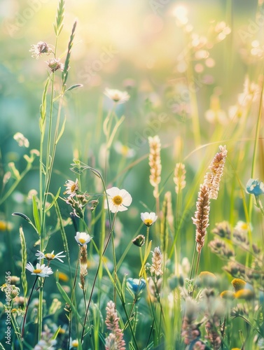 A beautiful field of wildflowers and grasses bathed in the soft light of early morning sun. Generative AI