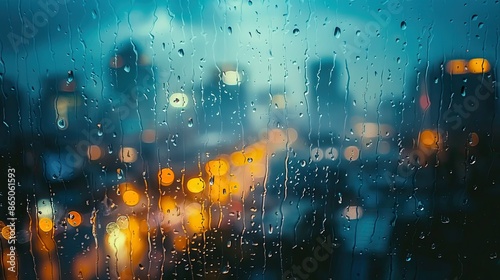 Rain-splattered window with city lights in a blur