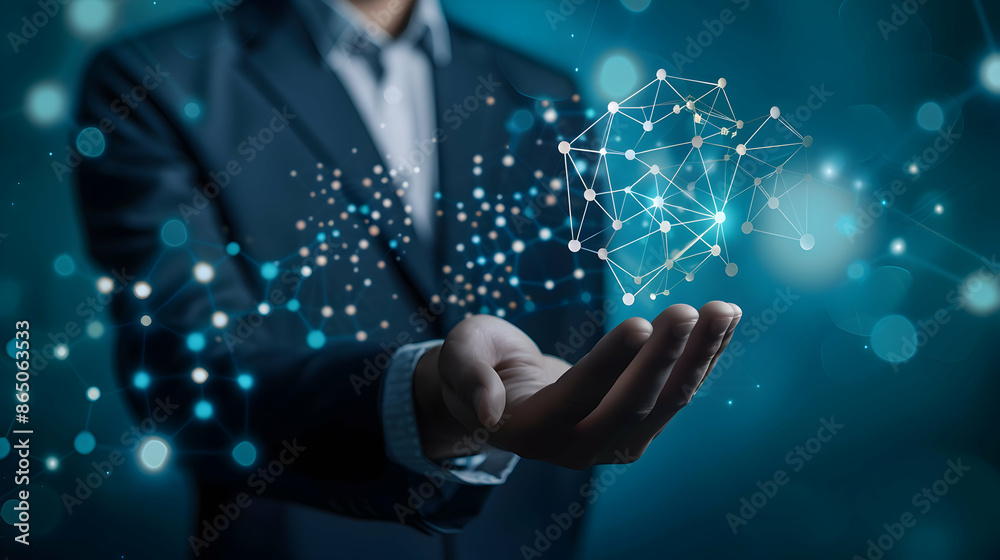 businessman hand holding automation blue screen with a lot of lines.executive in business Suit with digital network in hand.generative ai businessman hand holding automation blue screen with a lot of lines.executive in business Suit with digital network in hand.generative ai