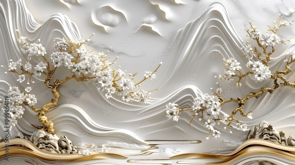 Volumetric stucco molding on a concrete wall featuring a golden element. The design incorporates Chinese culture elements, including trees and mountains, showcasing traditional artistry and elegance.