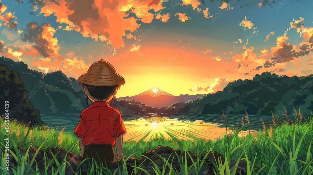 Fototapeta premium Boy watching rural landscape sunset scene with farm Anime illustration flat line art, anime background