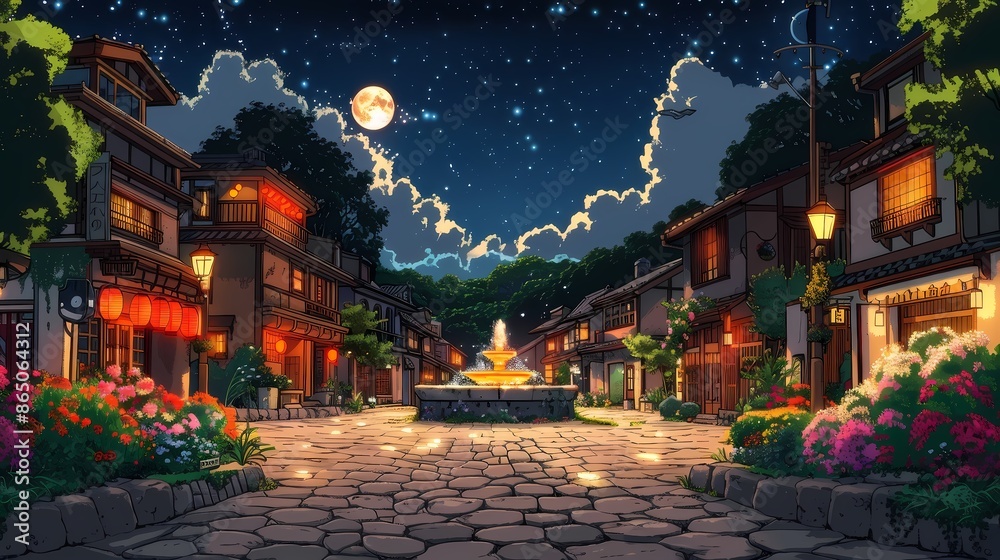 Obraz premium Mansion, houses night glowing moonlit Anime illustration flat line art, anime background