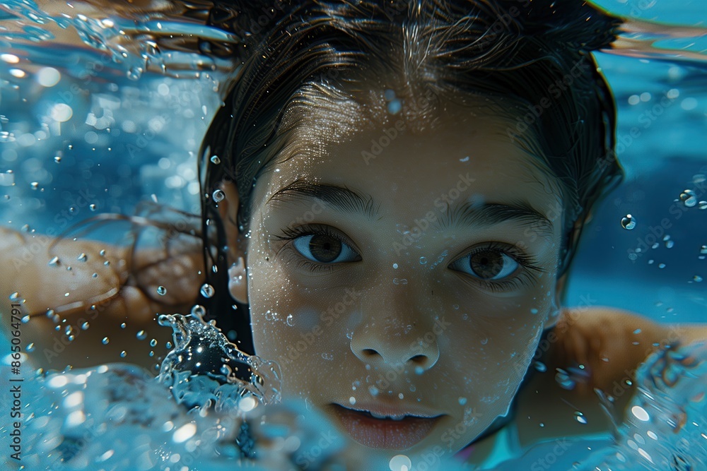 Close-Up of Girl Underwater, Intense Eyes, Bubbles and Blue Water
Close-Up of Girl Underwater, Intense Eyes, Bubbles and Blue Water