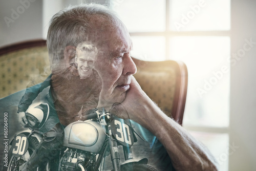 Photos Elderly man, remember and dream in nursing home for nostalgia, motorbike and overlay