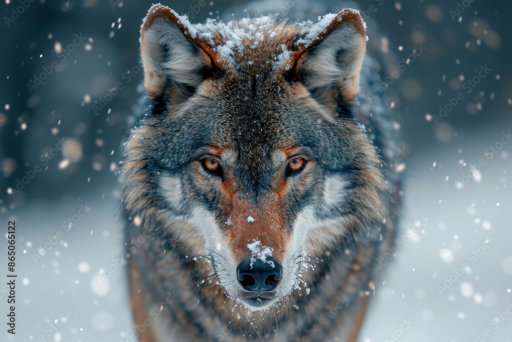 Close-up photo of a fierce wolf with red eyes in the snowy wild, showing off its strong and mysterious stare in a cold, eerie winter woods scene