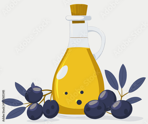 Olive Oil Bottle with Olives and Leaves