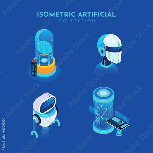 AI Robots Isometric Concept on a Blue Background. AI robot bot. Chat, chatbot technology, 3d vector illustration artificial icon