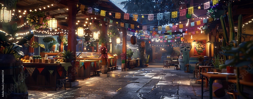 A vibrant photorealistic image of a food festival celebrating a specific cuisine, such as Thai, Italian, or Mexican. The stalls are adorned with colorful flags and decorations, each representing the A vibrant photorealistic image of a food festival celebrating a specific cuisine, such as Thai, Italian, or Mexican. The stalls are adorned with colorful flags and decorations, each representing the