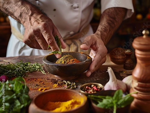 A close-up photorealistic shot of a chef's hands preparing a traditional dish from their cultural heritage. The hands move with familiarity and expertise, as if guided by generations of culinary