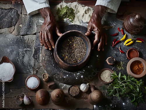 A close-up photorealistic shot of a chef's hands preparing a traditional dish from their cultural heritage. The hands move with familiarity and expertise, as if guided by generations of culinary