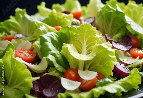 Fresh healthy salad with little tomatoes, onions, ushrooms, water drops photo