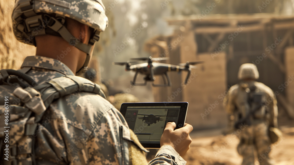 Fototapeta premium Innovative technological solutions in the military that enable analysis and coordination of the use of drones by soldiers in combat areas.