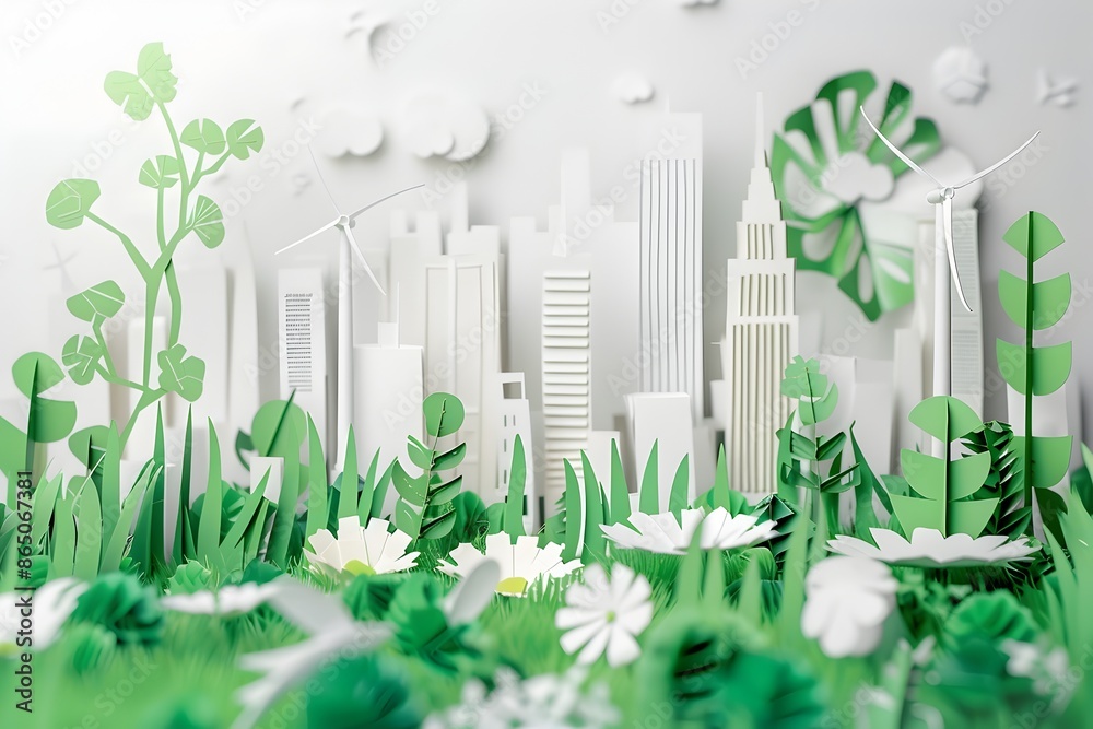 Green Industry and Clean Energy on Eco Friendly Urban Cityscape Background Green Industry and Clean Energy on Eco Friendly Urban Cityscape Background