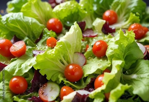 Fresh healthy salad with little tomatoes, onions, ushrooms, water drops