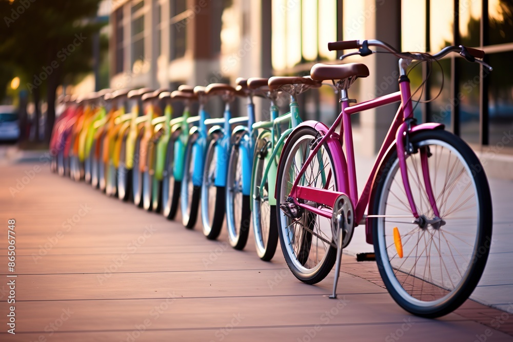 Row of bikes available to sell or rent. Bicycles parking. Colorful bicycles in the parking lot Row of bikes available to sell or rent. Bicycles parking. Colorful bicycles in the parking lot