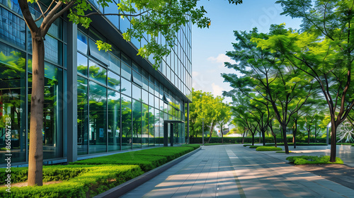 The facade of a corporate office building made of glass and steel elements, integrated into the surroundings of green trees on the street, which adds elegance and natural beauty to the city landscape.