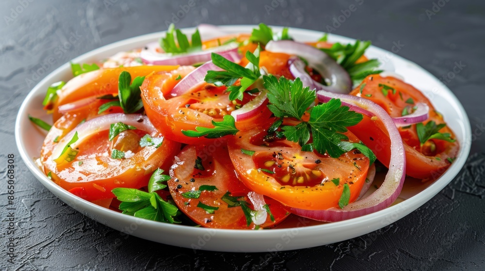A vibrant, fresh tomato and onion salad on a white plate. The salad includes sliced red tomatoes, thinly sliced red onions, and garnished with fresh parsley leaves - AI Generated Digital Art A vibrant, fresh tomato and onion salad on a white plate. The salad includes sliced red tomatoes, thinly sliced red onions, and garnished with fresh parsley leaves - AI Generated Digital Art