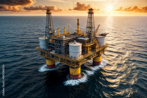 Aerial view of offshore oil and gas remote platform in open sea/ocean at sunset background. Power generation and petrochemical industry. Oil and gas produced platform concept. Copy ad text space photo