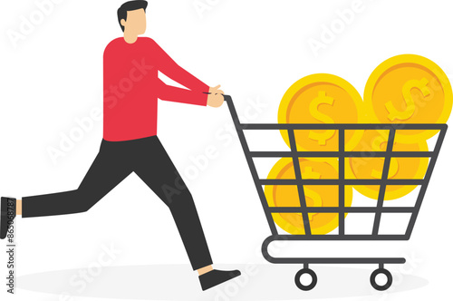Vector illustration of an entrepreneur pushing a basket filled with dollar coins, depicting business investment and profit

