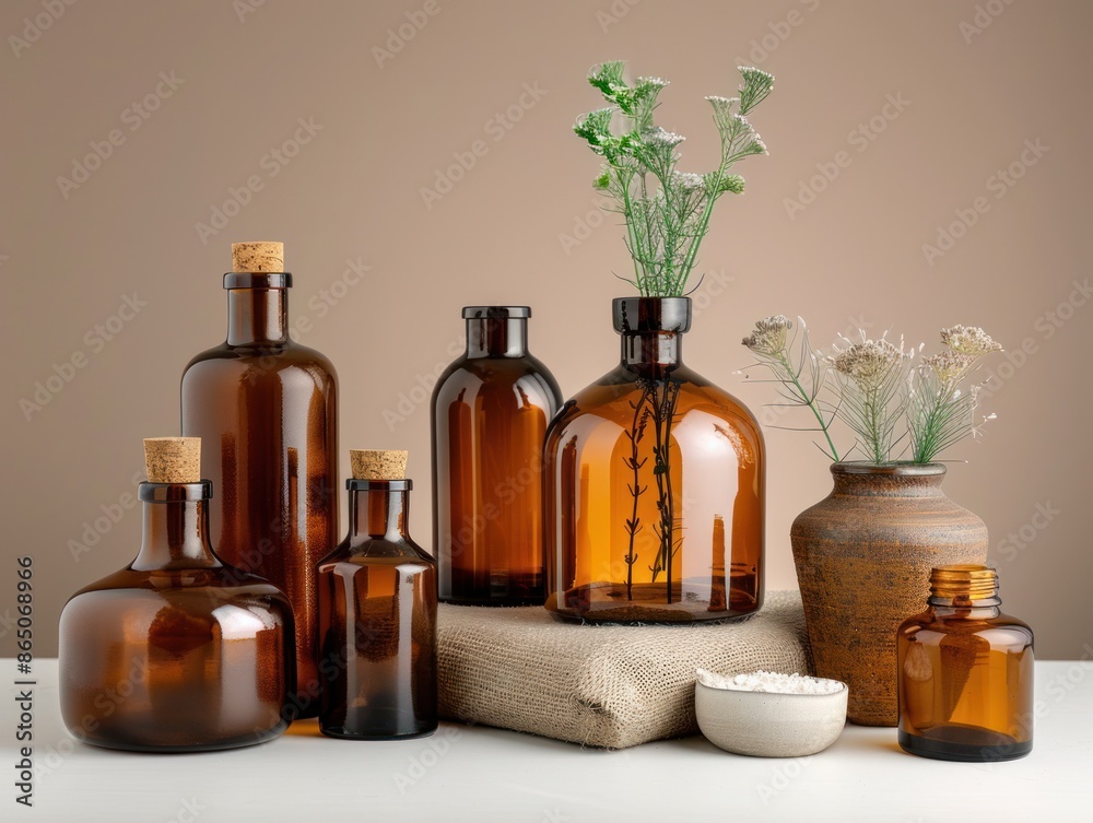 A collection of amber glass bottles and vases arranged artistically against a neutral background, showcasing a vintage and apothecary aesthetic - AI Generated Digital Art A collection of amber glass bottles and vases arranged artistically against a neutral background, showcasing a vintage and apothecary aesthetic - AI Generated Digital Art