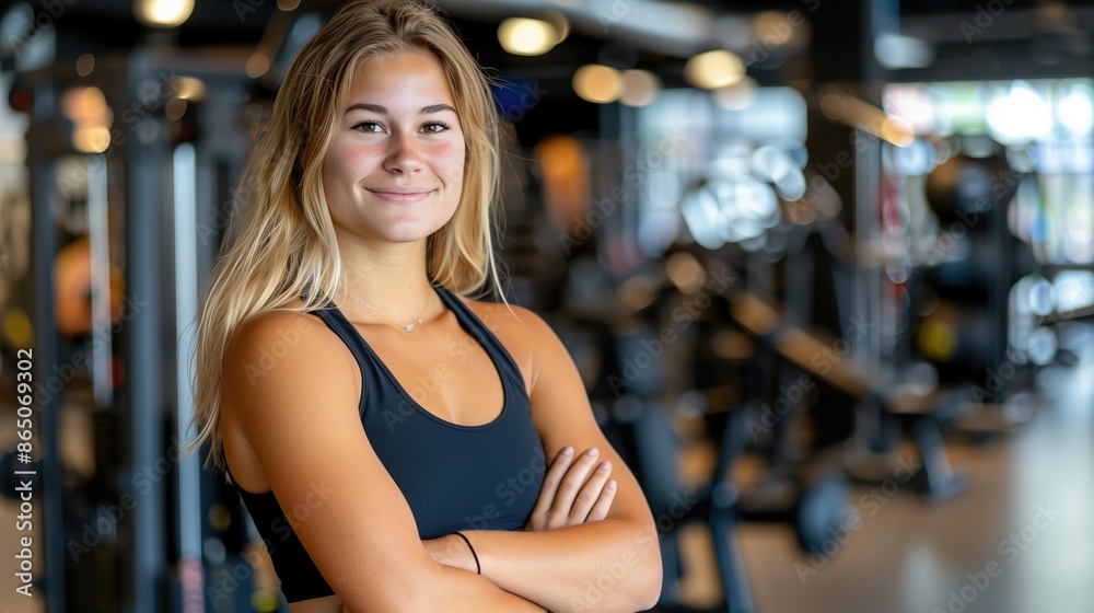 Confident Young Woman in Gym, Close-Up of Smiling Fitness Enthusiast, Determined Blonde Female with Arms Crossed
Confident Young Woman in Gym, Close-Up of Smiling Fitness Enthusiast, Determined Blonde Female with Arms Crossed